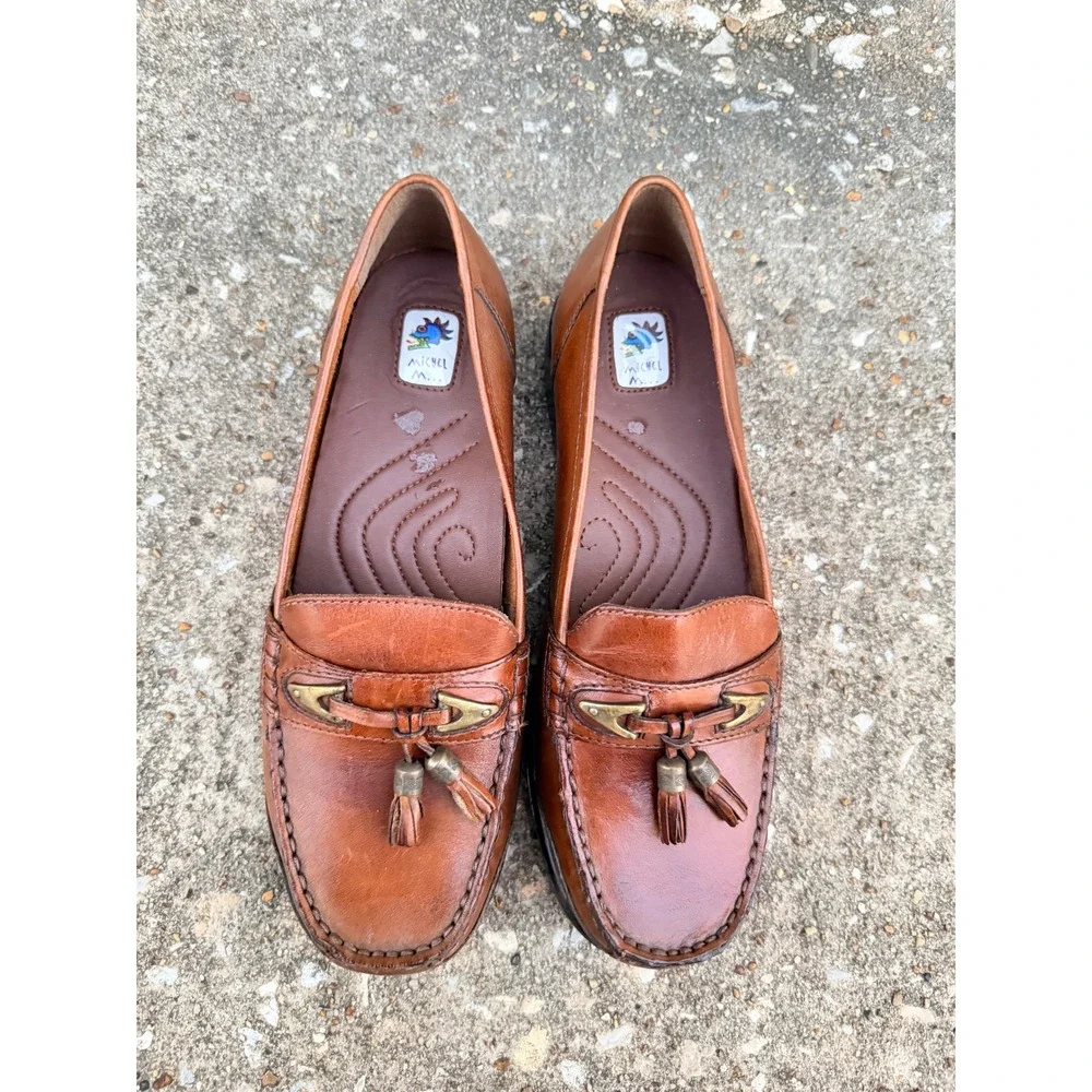 Michel Women's 8M Brown Leather Tassel Loafers Horsebit Moc Toe Classic‎